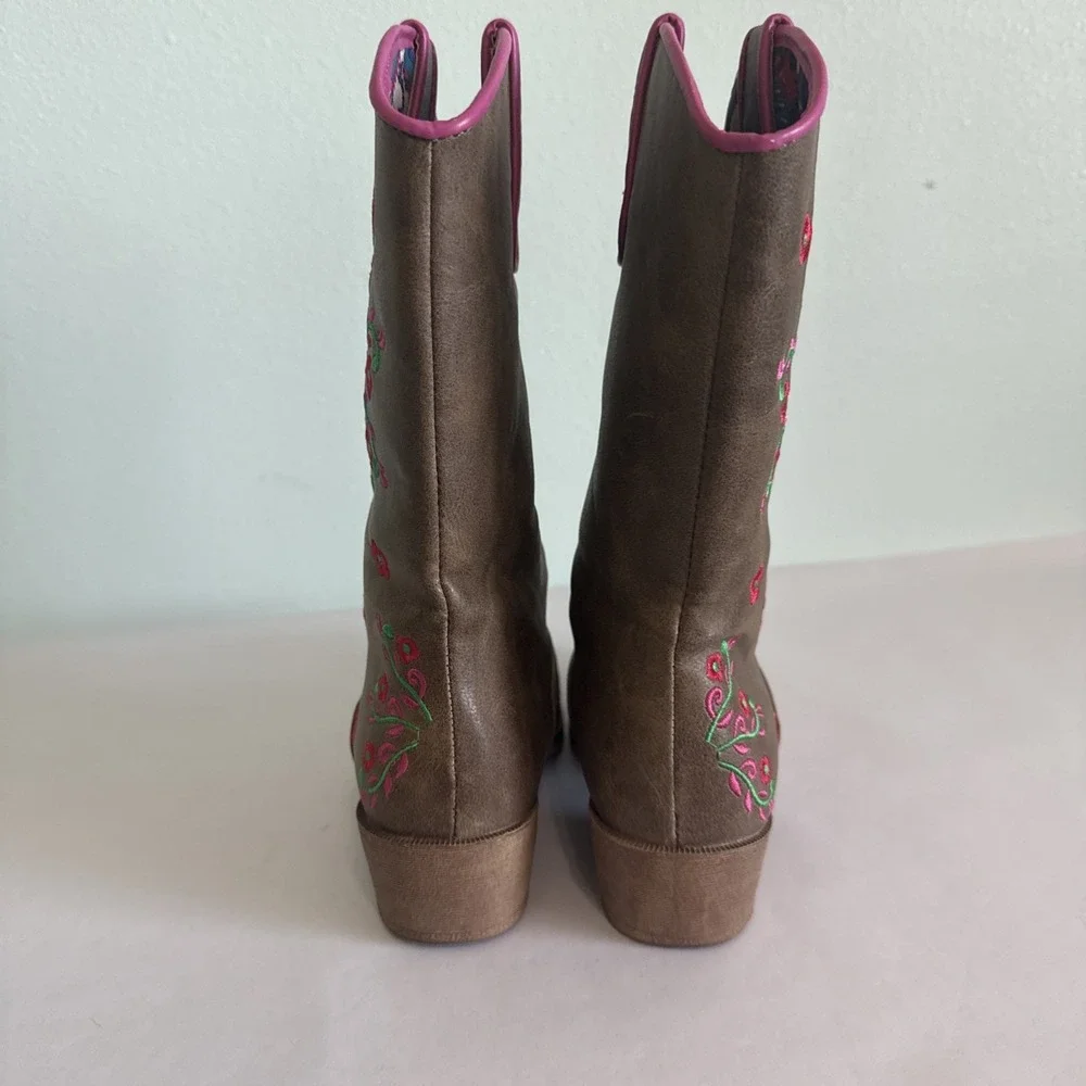 Blazin Roxx Youth Sz 1 Pink Floral Brown Side Zip Snip Toe Western Cowboy Boots